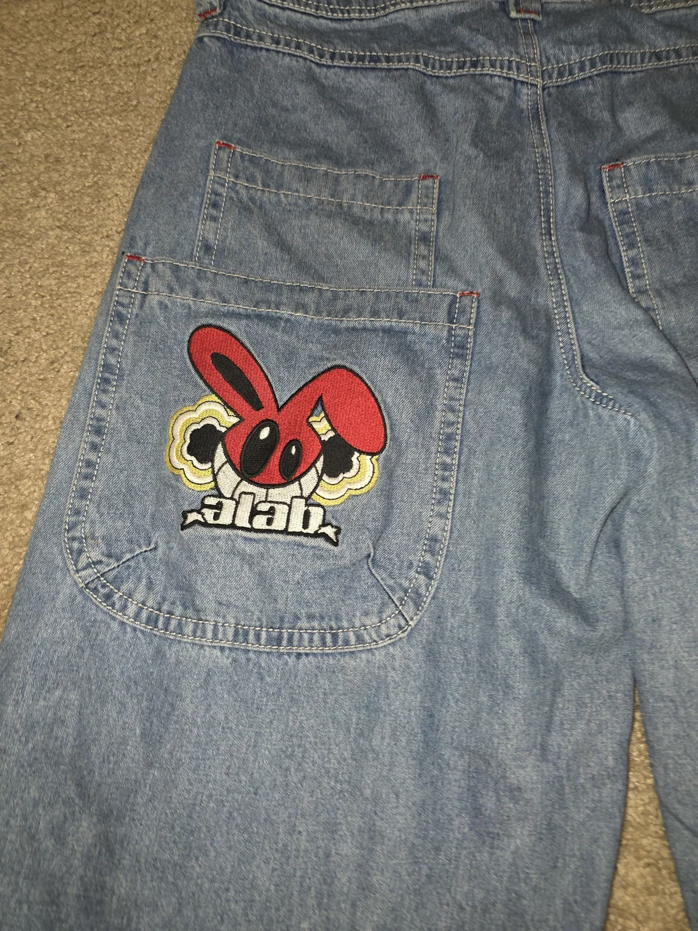 A-Lab Mens Jeans Retro Wide Baggy Y2K Embroidered Logo Size 36 Blue Denim Pants